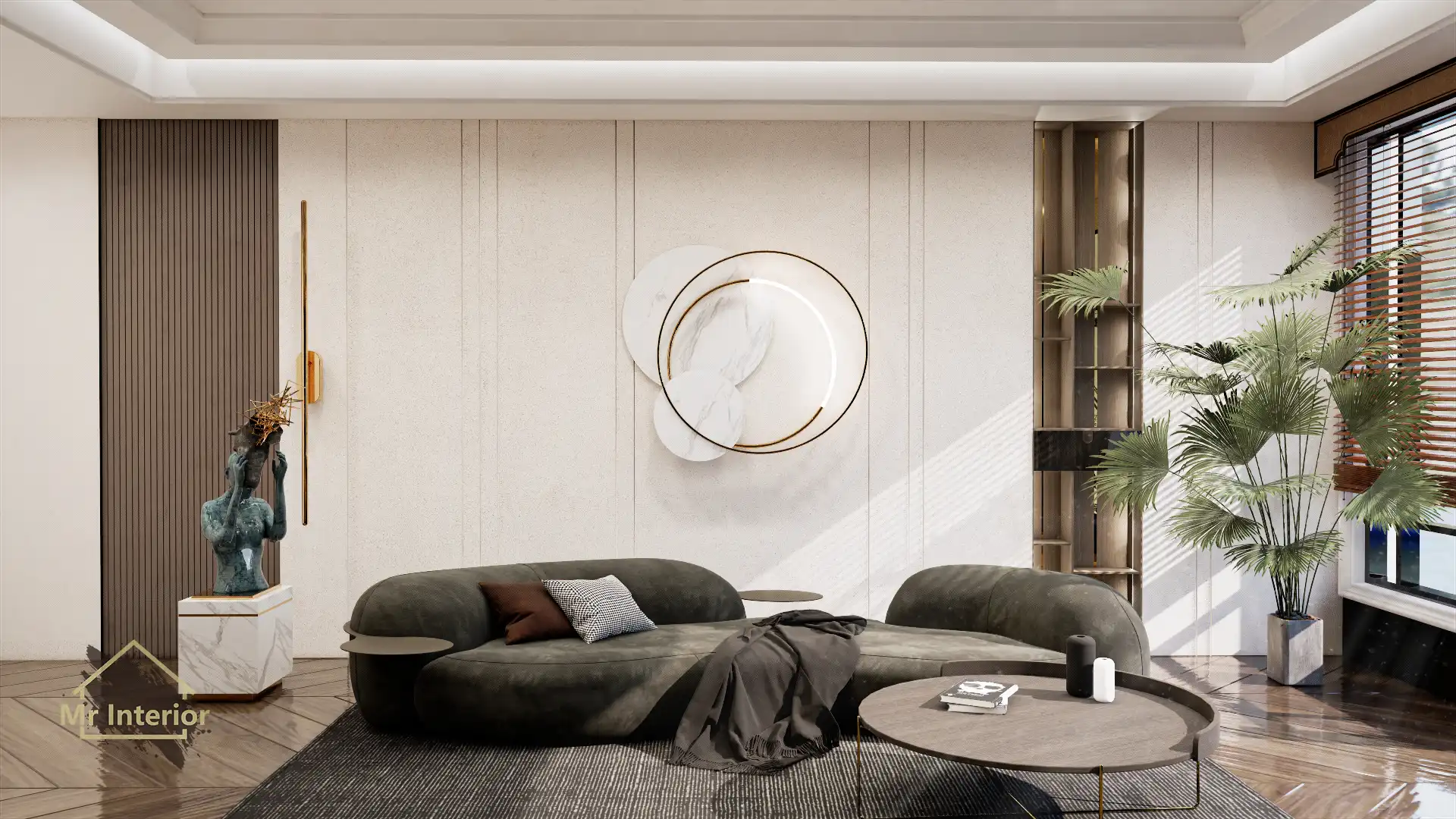 輕奢風設計風格客廳，白色主調，天然木材點綴。特色牆，書櫃，梳化，植物。Mr Interior室內設計、裝修、傢俬風格。
