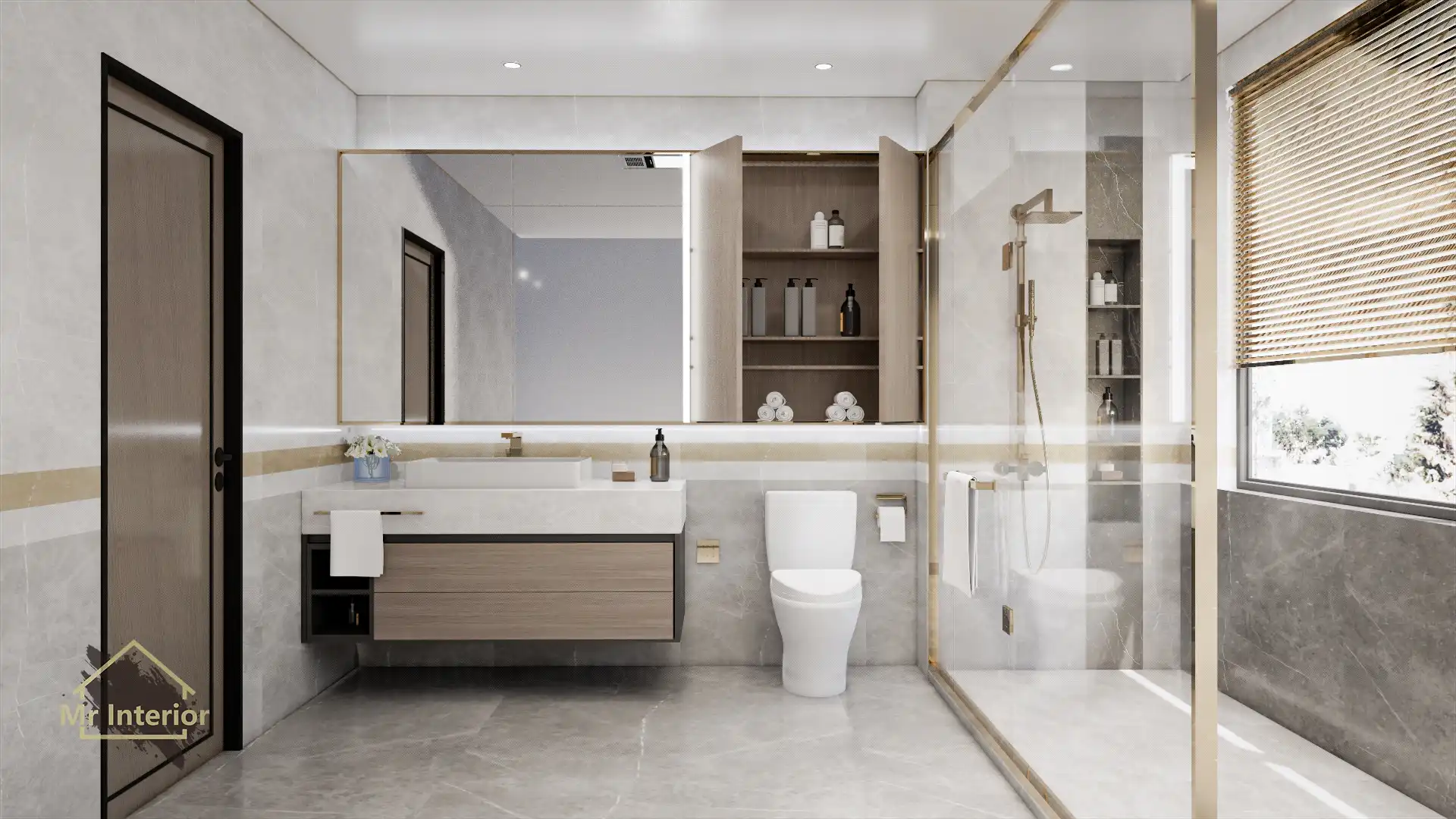 輕奢風設計風格浴室，白色主調，天然木材點綴。浴室櫃，鏡櫃，企缸，馬桶。Mr Interior室內設計、裝修、傢俬風格。