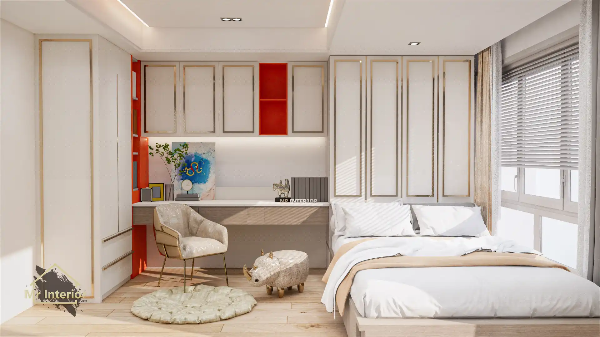 獅子座設計風格房間，金屬主調，橙色木色點綴。床，特色牆，衣櫃，書枱。Mr Interior室內設計、裝修、傢俬風格。