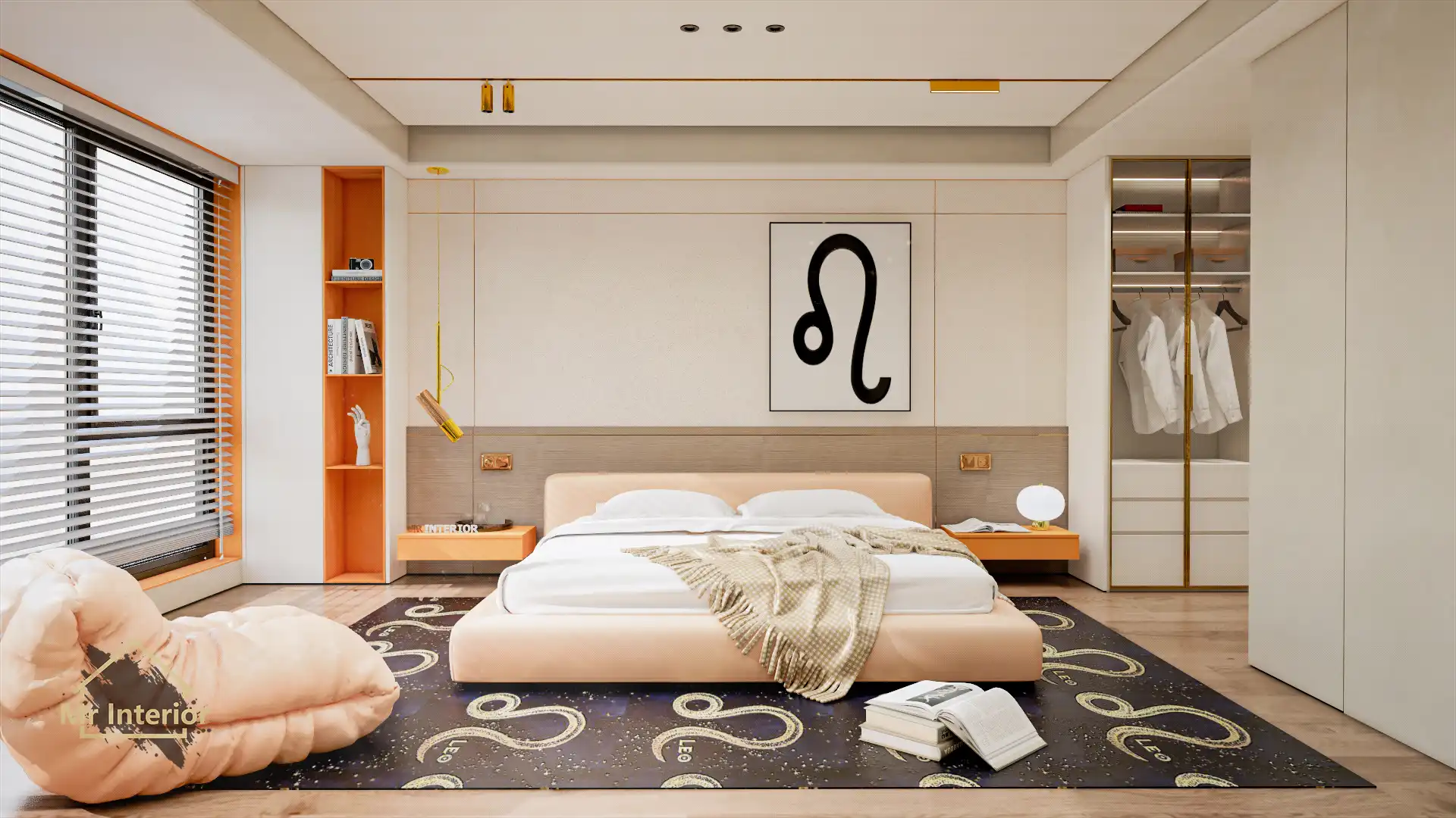 獅子座設計風格房間，金屬主調，橙色木色點綴。床，特色牆，衣櫃，書枱。Mr Interior室內設計、裝修、傢俬風格。