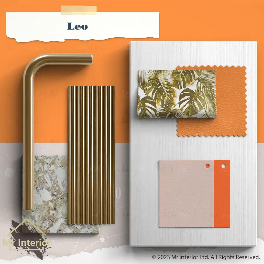 獅子座設計風格材料板:金屬，木板，白色，橙色塗料，布料皮料。Mr Interior室內設計、裝修、傢俬風格。