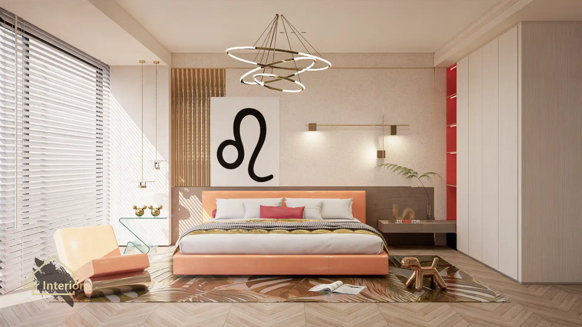 獅子座設計風格房間，金屬主調，橙色木色點綴。床，特色牆，衣櫃，床頭櫃。Mr Interior室內設計、裝修、傢俬風格。