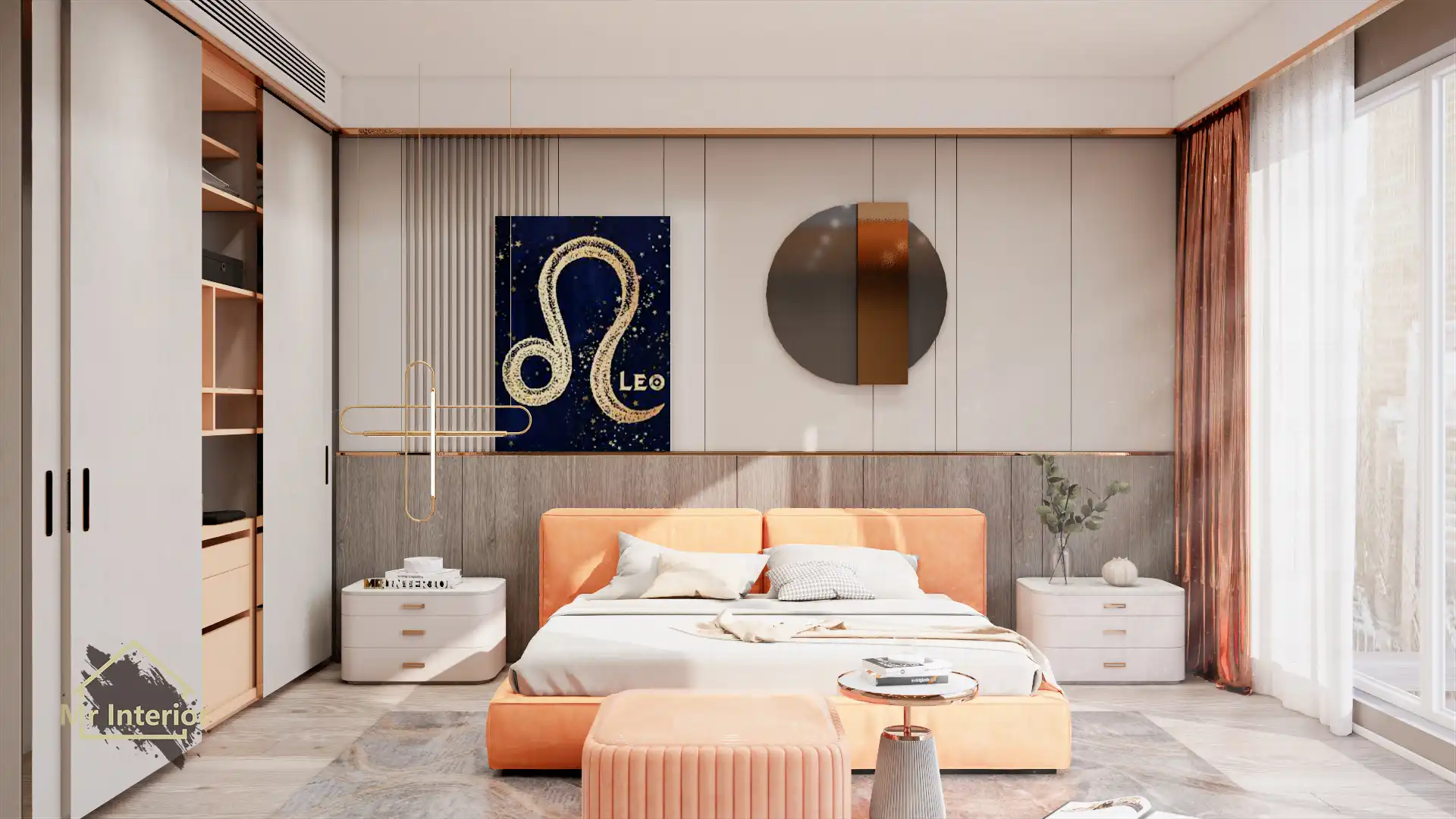 獅子座設計風格房間，金屬主調，橙色木色點綴。床，特色牆，衣櫃，床頭櫃。Mr Interior室內設計、裝修、傢俬風格。