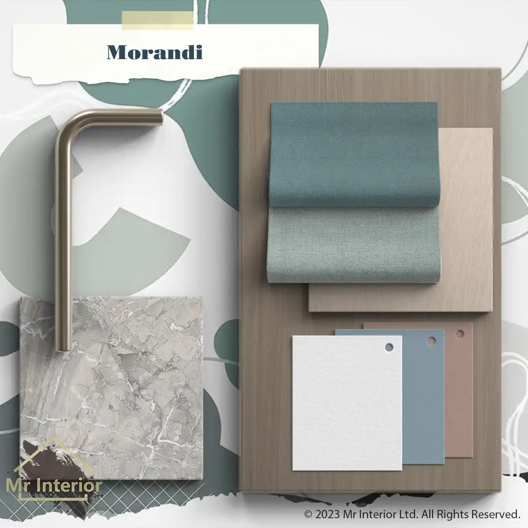 莫蘭迪設計材料板:灰調的天然木材，瓷磚，大理石，木材，皮革，織物，金屬，玻璃Mr Interior室內設計、裝修、傢俬風格。