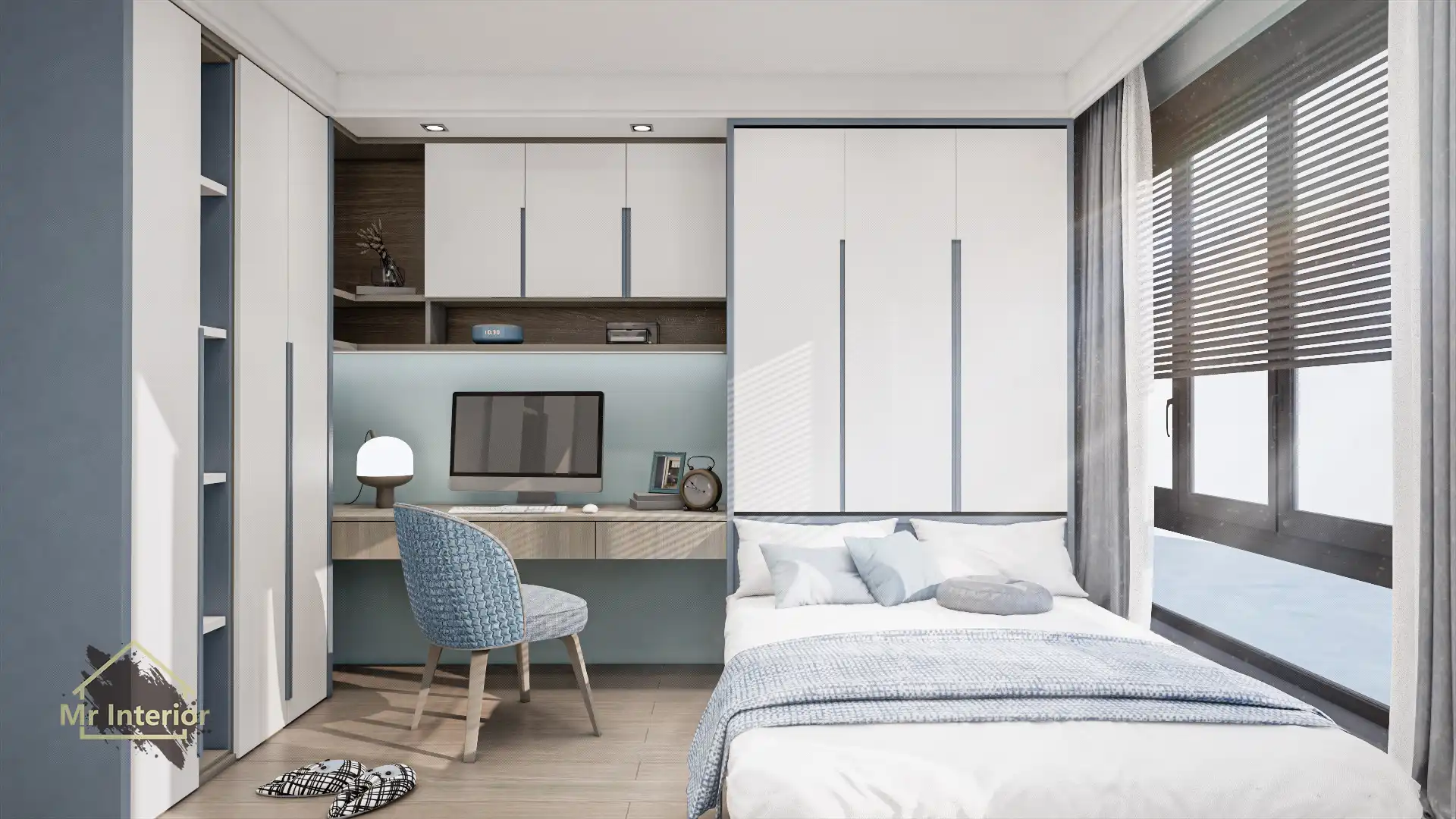 莫蘭迪設計風格睡房，木材主調，灰色色調點綴。雙人床，書枱，衣櫃，書櫃。Mr Interior室內設計、裝修、傢俬風格。