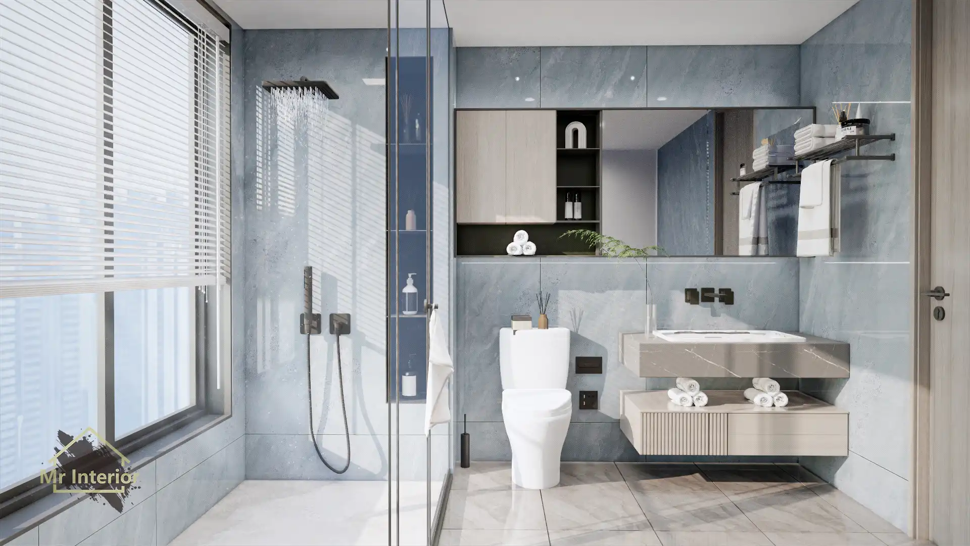 莫蘭迪設計風格浴室，木材主調，灰色色調點綴。浴室櫃，鏡櫃，企缸，馬桶。Mr Interior室內設計、裝修、傢俬風格。