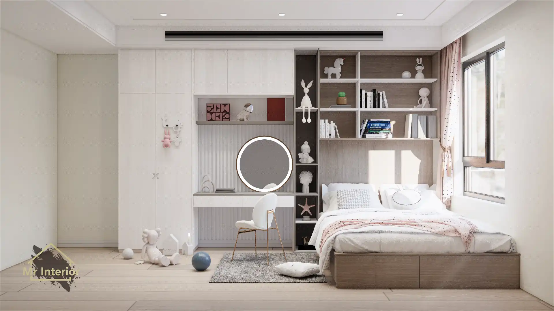 Japandi設計風格睡房，木材主調，灰色色調點綴。床，書枱，衣櫃，書櫃。Mr Interior室內設計、裝修、傢俬風格。