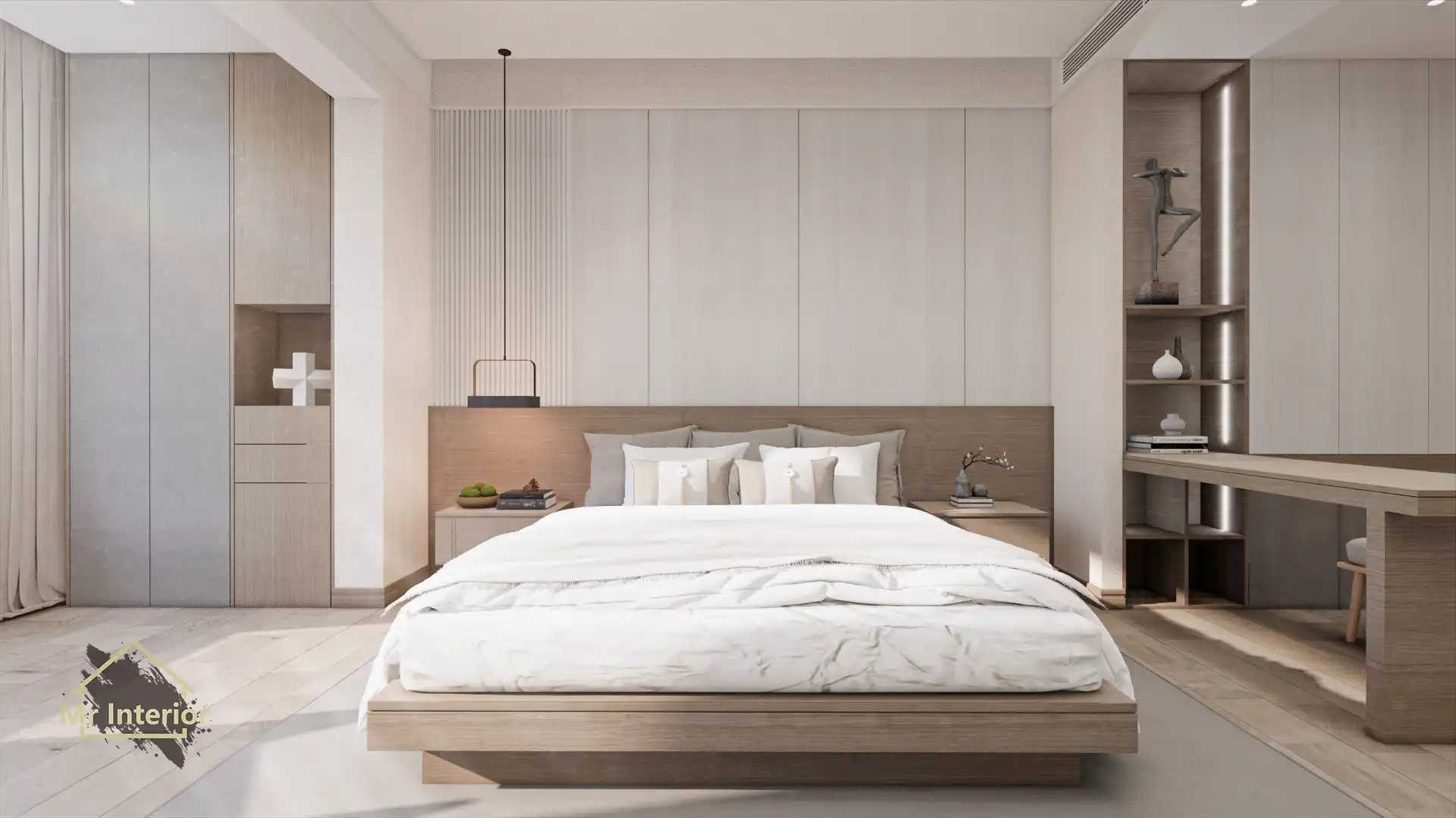 Japandi設計風格主人房，木材主調，灰色色調點綴。床，特色牆，衣櫃。Mr Interior室內設計、裝修、傢俬風格。