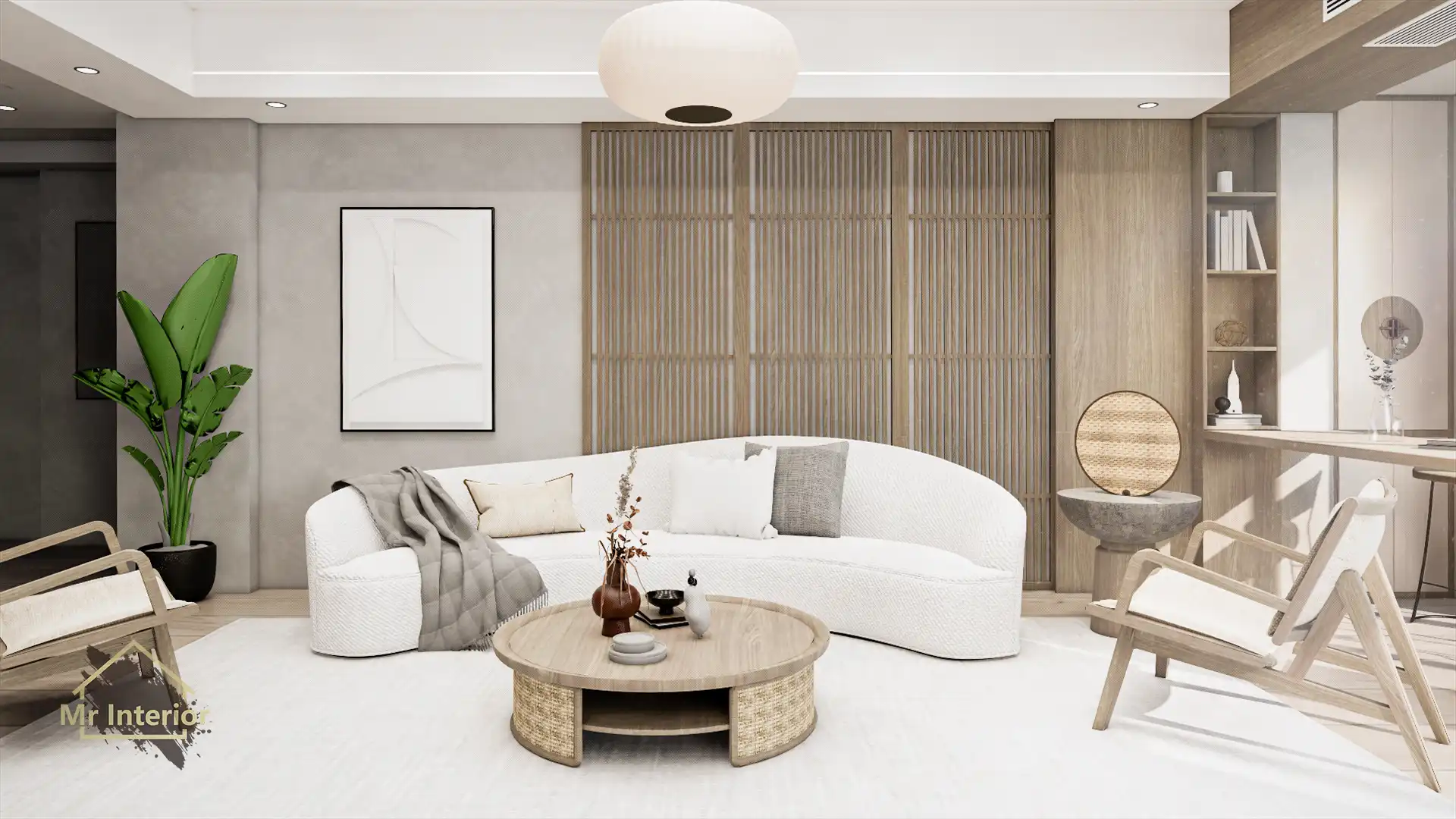 Japandi設計風格客廳，木材主調，灰色色調點綴。特色牆，書櫃，梳化。Mr Interior室內設計、裝修、傢俬風格。