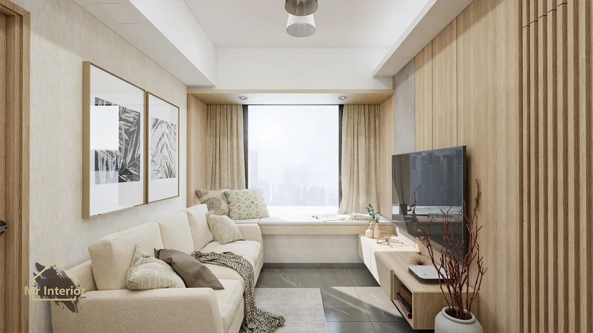 Japandi設計風格客廳，木材主調，灰色色調點綴。電視櫃，特色牆，梳化。Mr Interior室內設計、裝修、傢俬風格。
