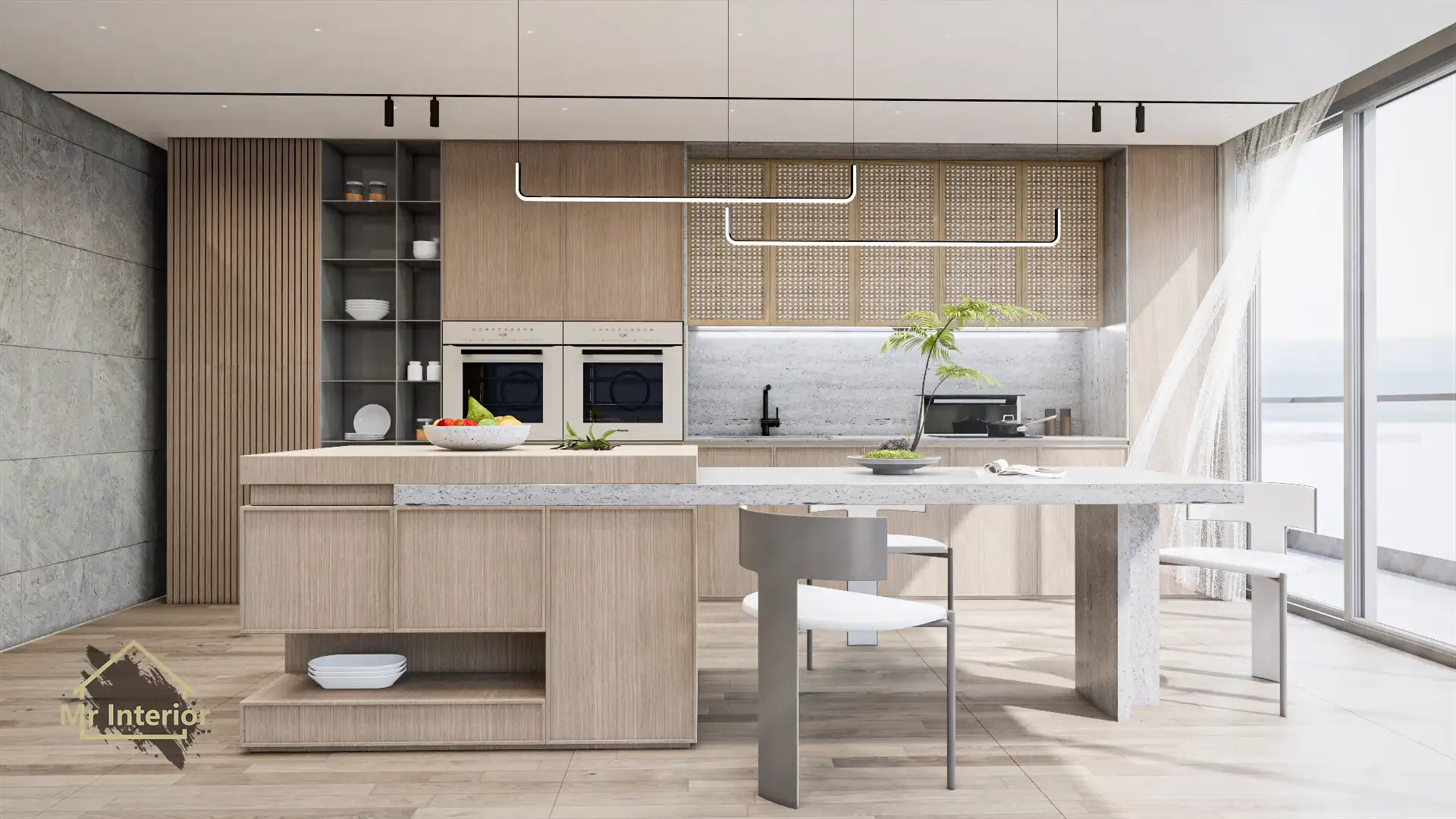 Japandi設計風格廚房，木材主調，灰色色調點綴。廚櫃，地櫃，吊櫃，中島。Mr Interior室內設計、裝修、傢俬風格。