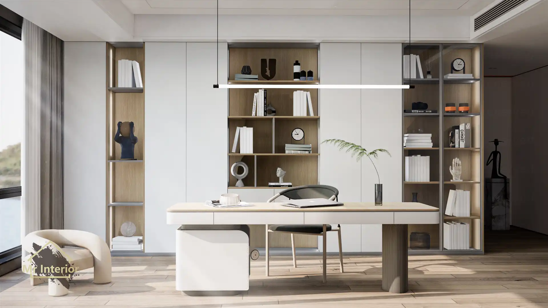 Japandi設計風格書房，木材主調，灰色色調點綴。書櫃，書枱，組合櫃。Mr Interior室內設計、裝修、傢俬風格。