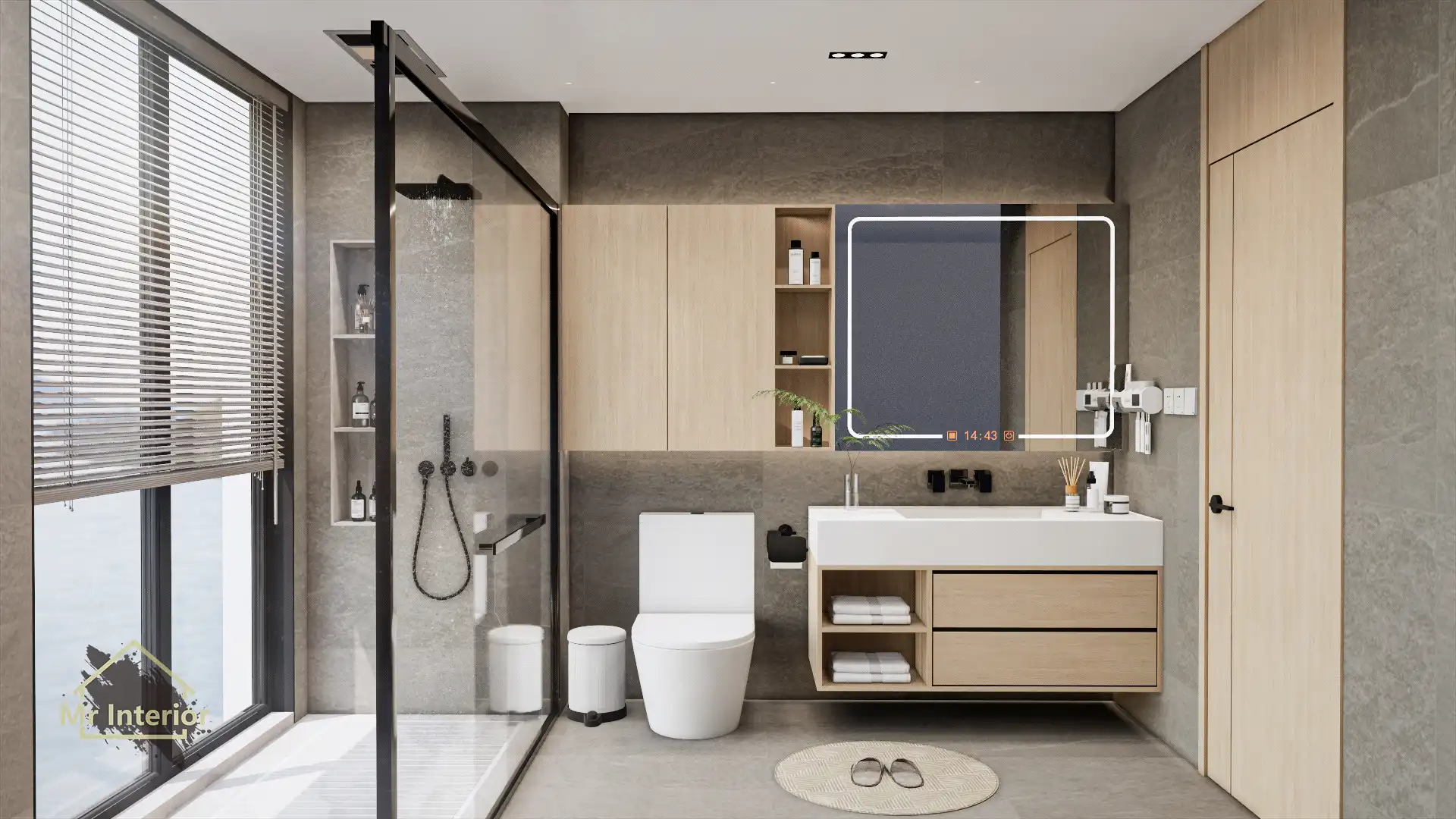 Japandi設計風格浴室，木材主調，灰色色調點綴。浴室櫃，鏡櫃，企缸。Mr Interior室內設計、裝修、傢俬風格。