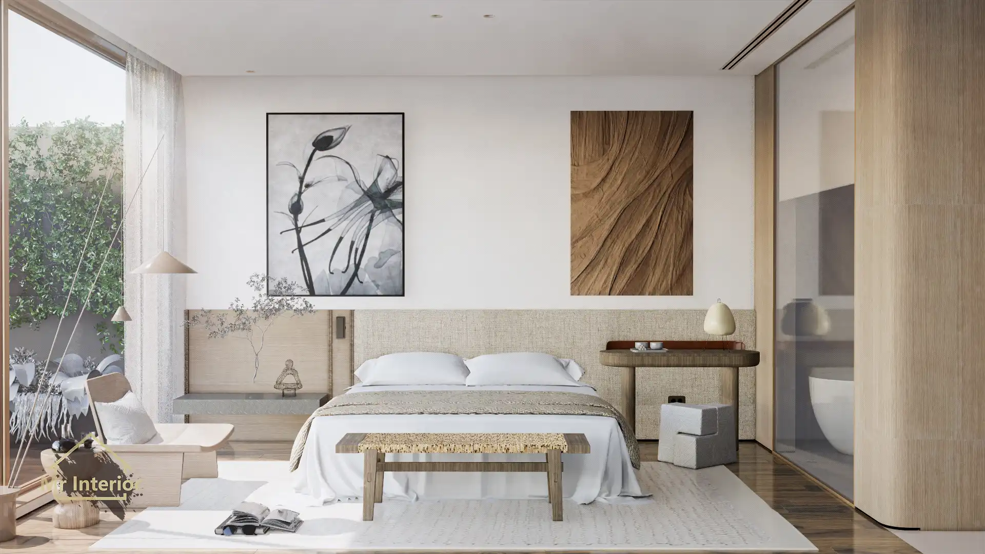 Japandi設計風格主人房，木材主調，灰色色調點綴。床，衣櫃，床頭櫃。Mr Interior室內設計、裝修、傢俬風格。
