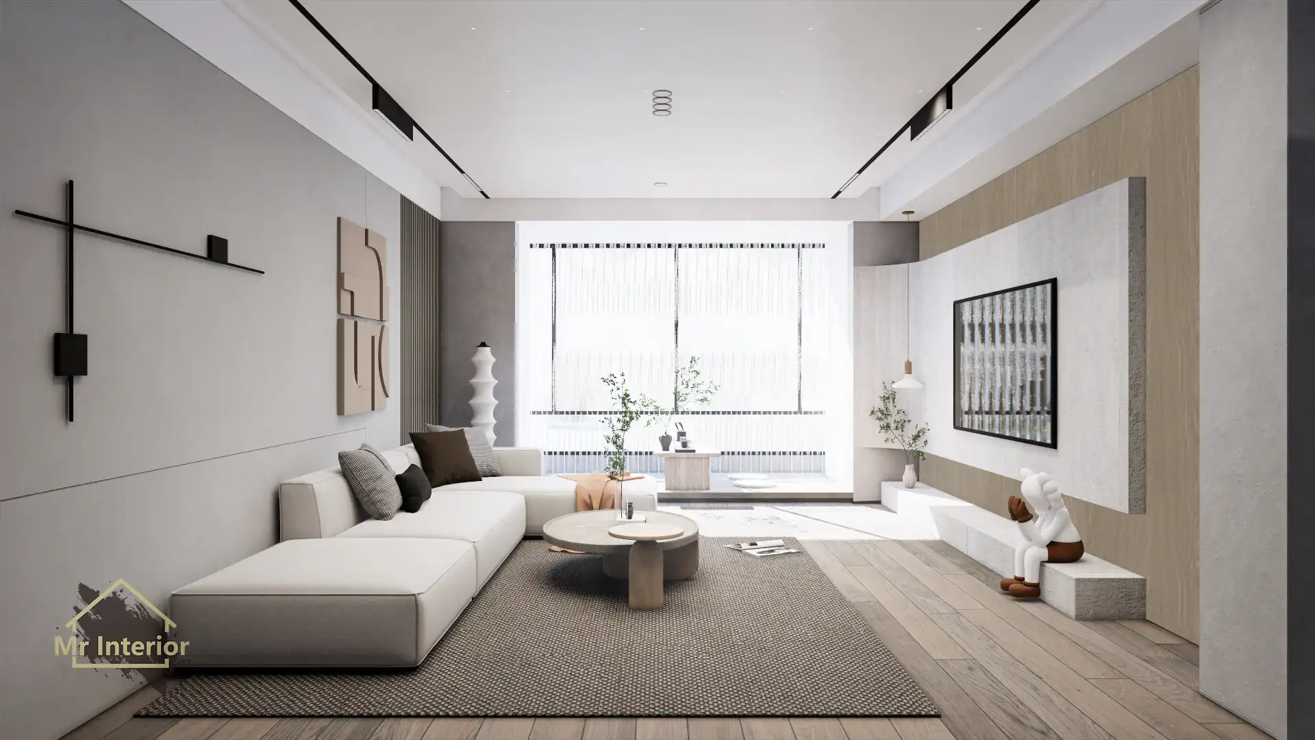 Japandi設計風格客廳，木材主調，灰色色調點綴。電視櫃，特色牆，梳化。Mr Interior室內設計、裝修、傢俬風格。