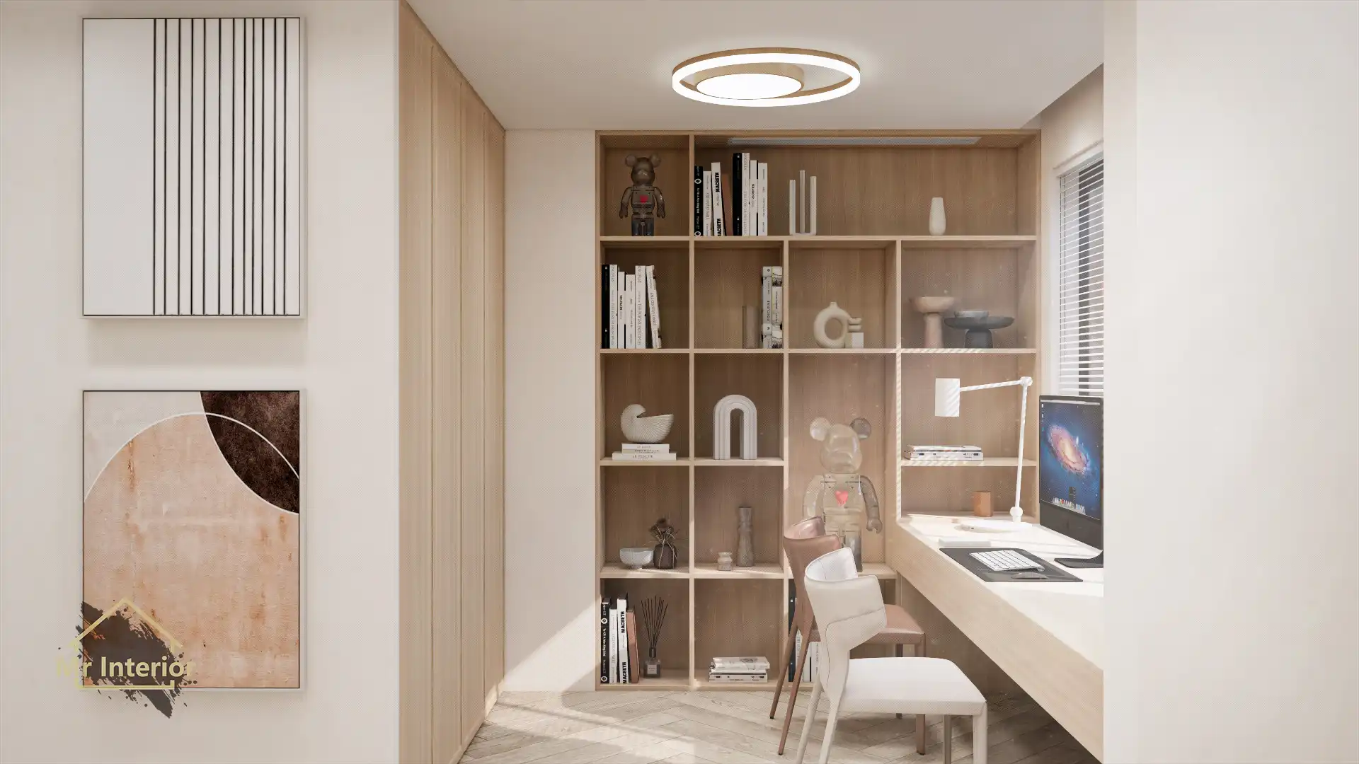 奶油風設計風格書房，木色白色主調，淺木色調點綴。書櫃，書枱，組合櫃，書架。Mr Interior室內設計、裝修、傢俬風格。