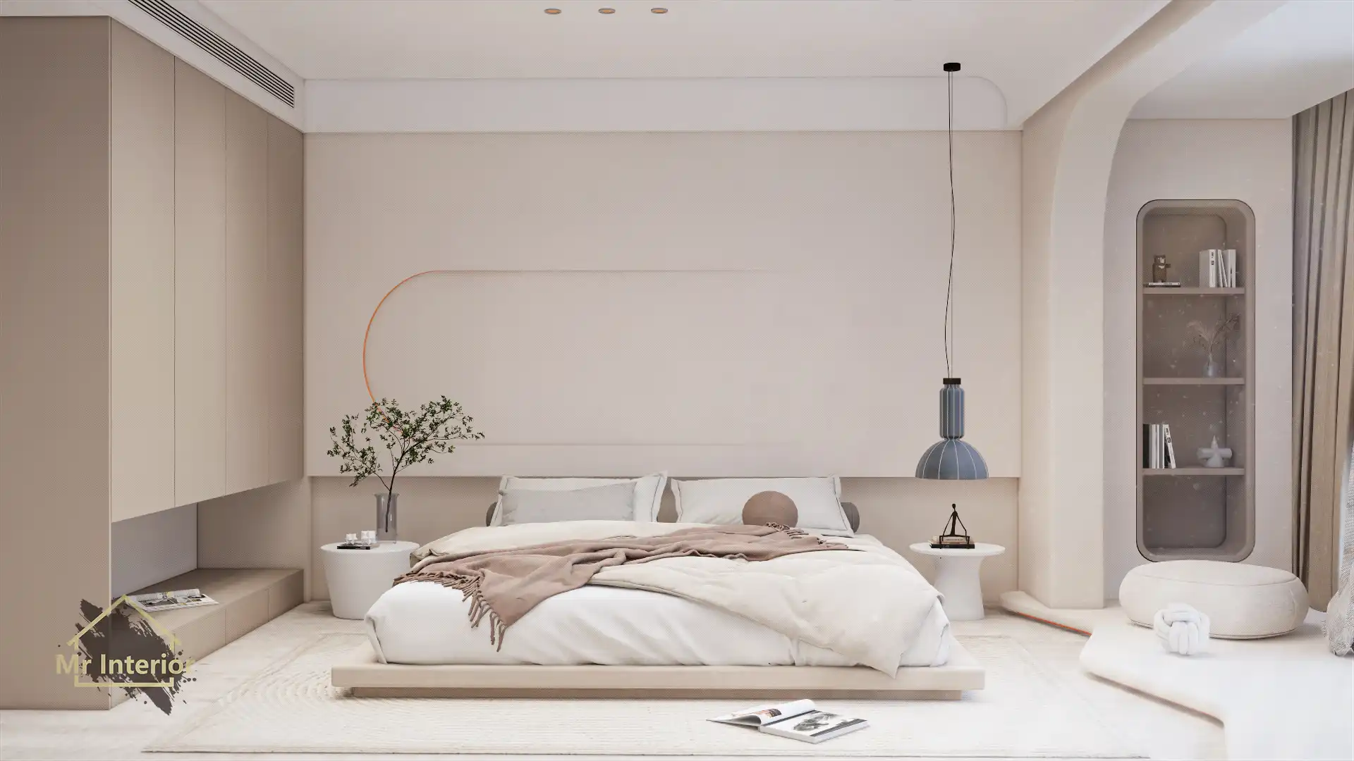 奶油風設計風格主人房，木色白色主調，淺木色調點綴。雙人床，特色牆，衣櫃，床頭櫃。Mr Interior室內設計、裝修、傢俬風格。