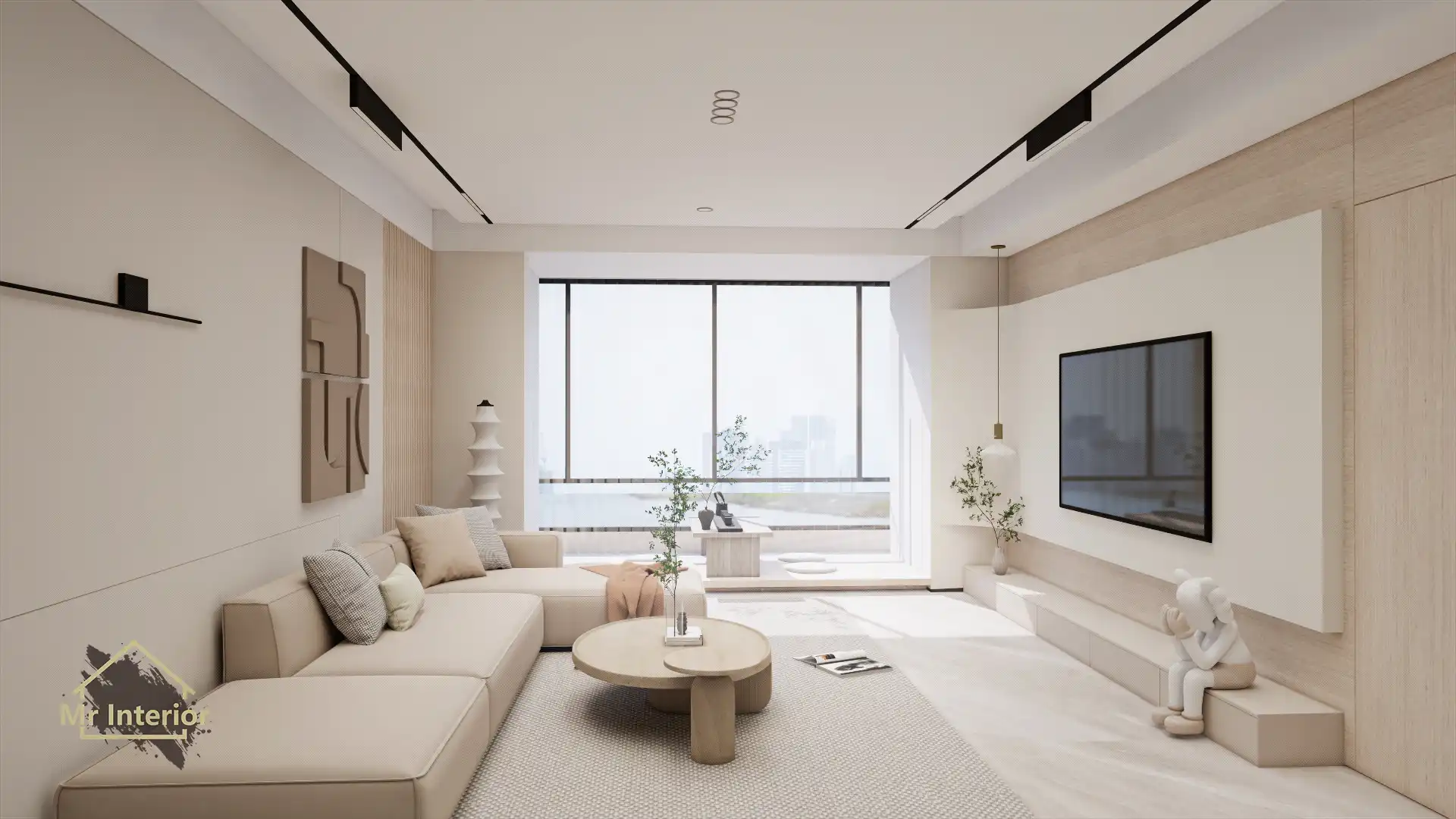 奶油風設計風格客廳，木色白色主調，淺木色調點綴。電視櫃，特色牆，梳化，茶几。Mr Interior室內設計、裝修、傢俬風格。