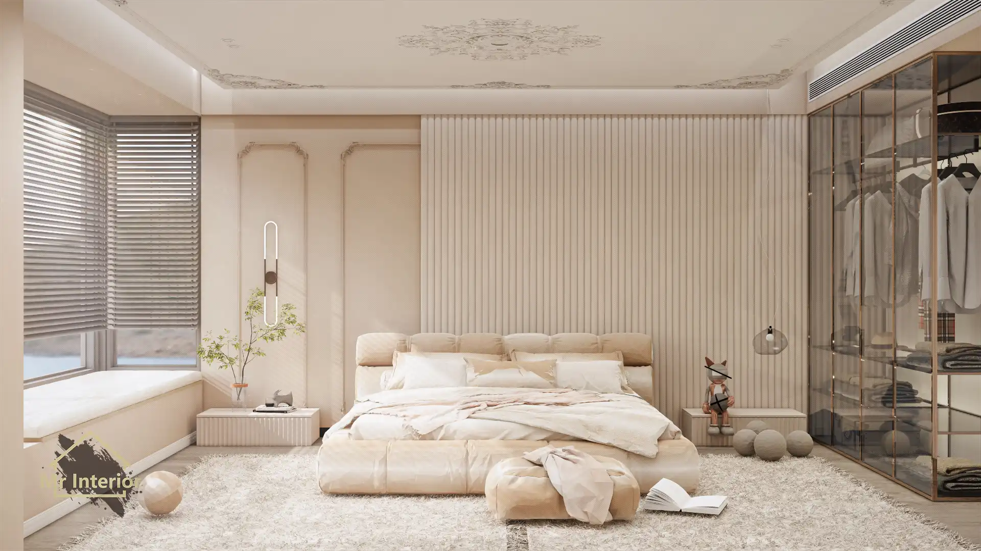 奶油風設計風格主人房，木色白色主調，淺木色調點綴。床，特色牆，衣櫃，床頭櫃。Mr Interior室內設計、裝修、傢俬風格。